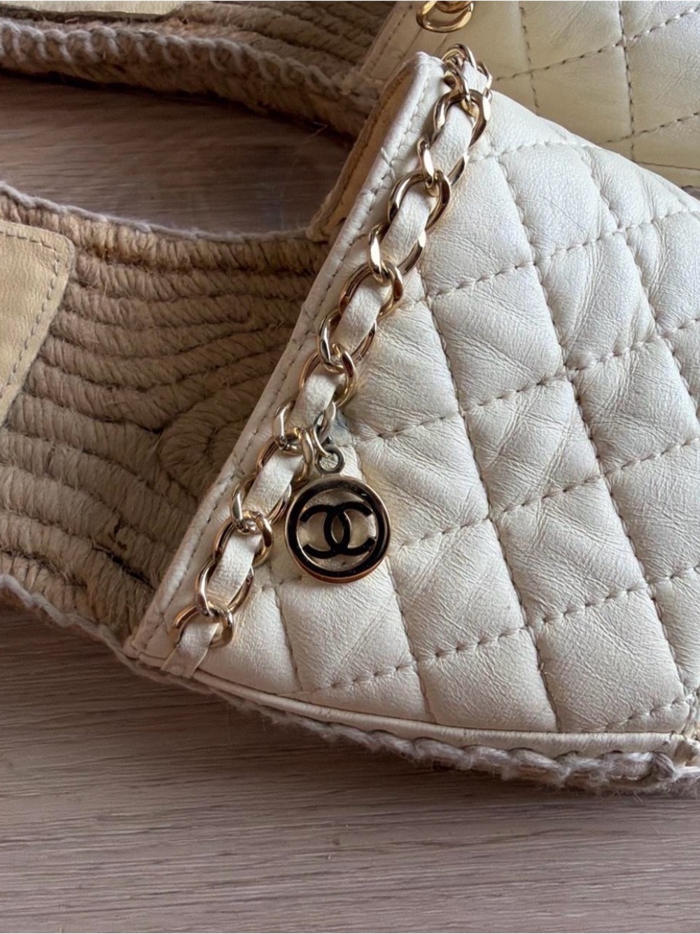 CHANEL Cream Quilted Espadrille Flats with Gold Chain Charm